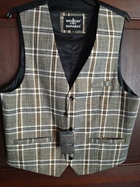 Barabas Men’s Brown/Cream Plaid Vest Size XL With  Gold Metallic Thread NWT